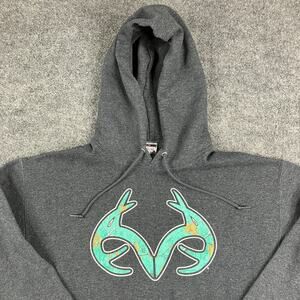 Real Tree Hoodie Men Size M Charcoal Gray Antler Logo Pullover Graphic Sweatshir